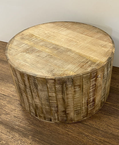 32" Brown Solid Wood Round Distressed Drum Coffee Table