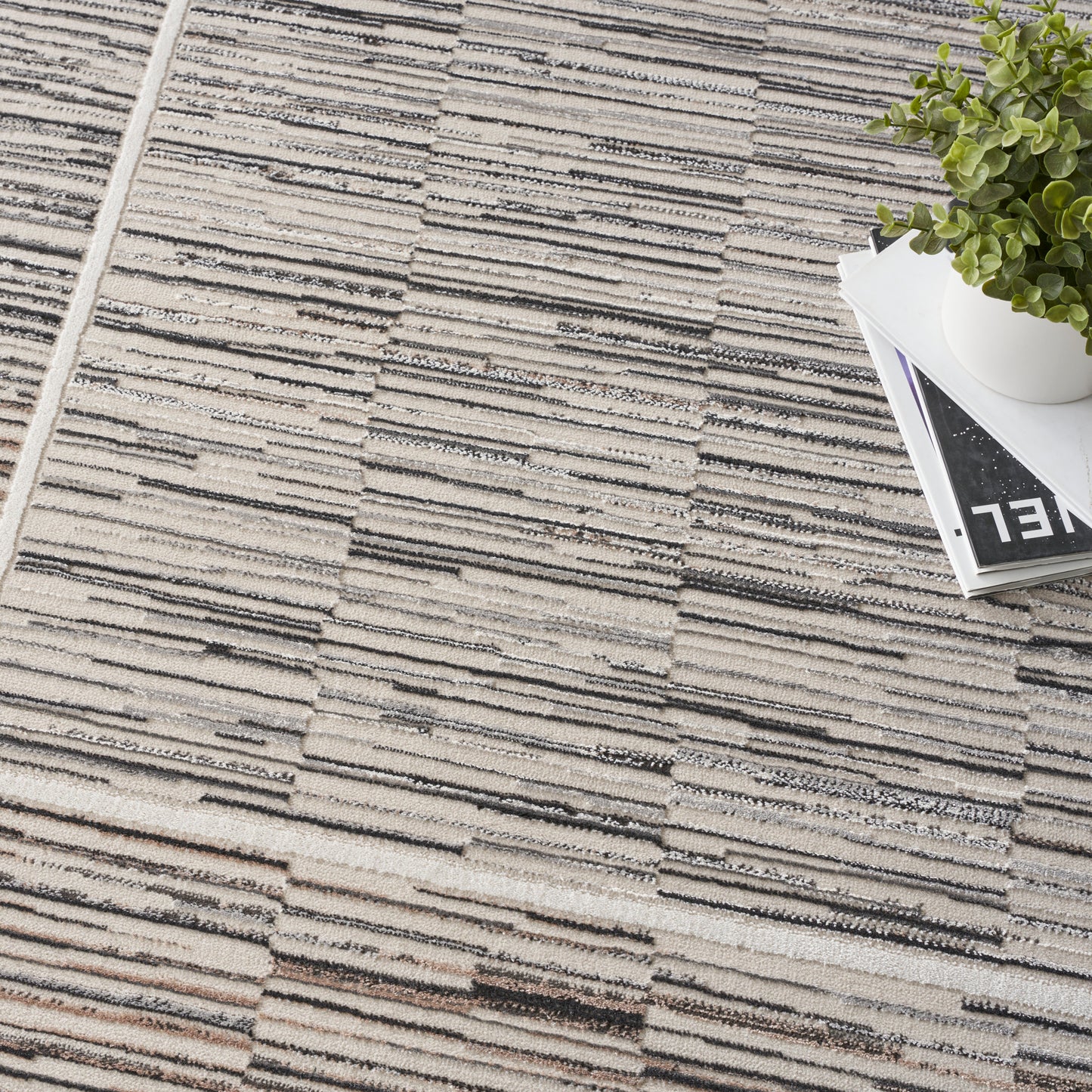 Beige and gray striped textured area rug with rectangular block pattern; white pot with green succulent on magazines.