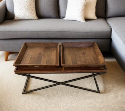 27" Brown And Black Solid Wood Cross Legs Coffee Table