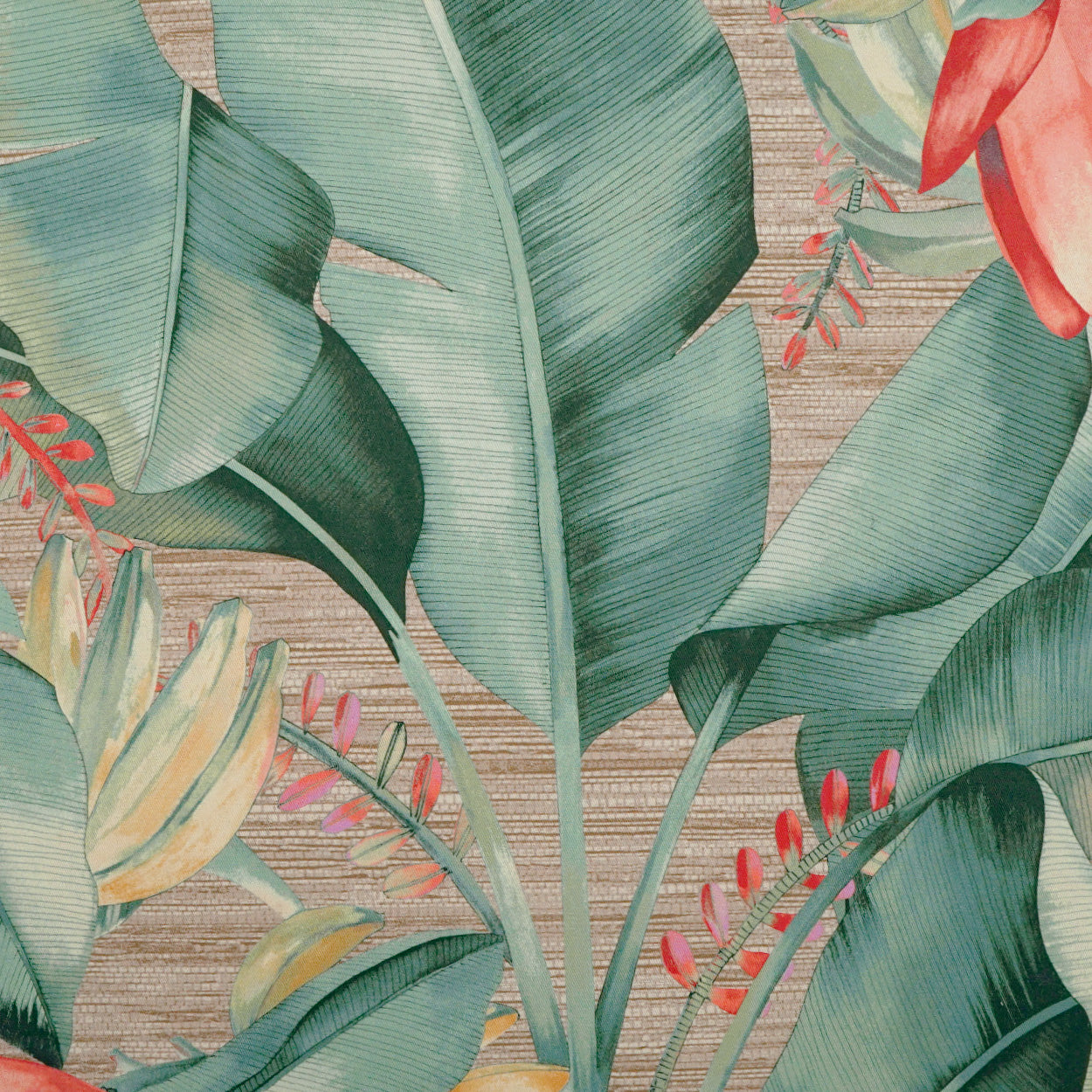 Fabric pattern of tropical banana leaves in teal & green on beige woven backdrop.