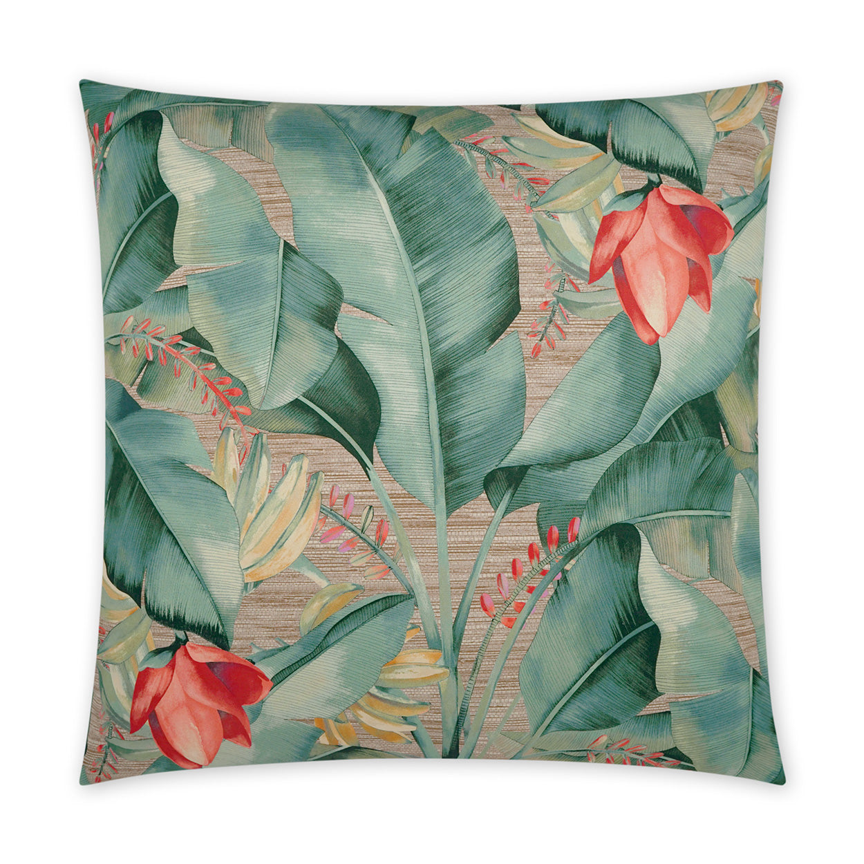 Square decorative pillow with fronds pattern: green banana leaves and red flowers on beige woven background.