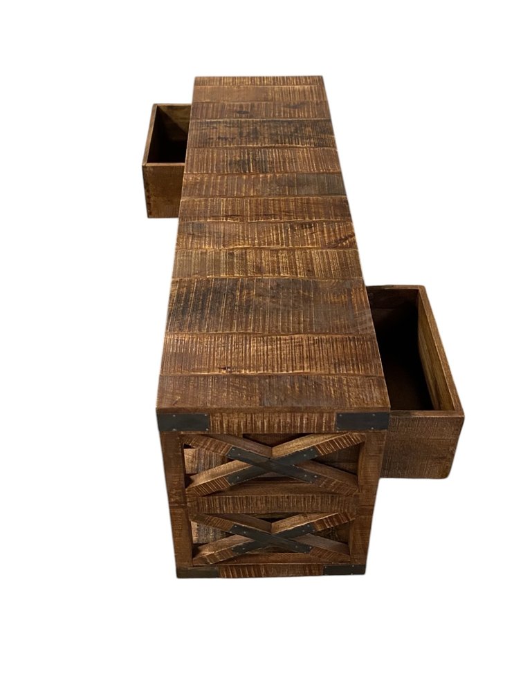 18" Brown and Black Solid Wood Distressed Wheel Console Table With Shelves And Drawers