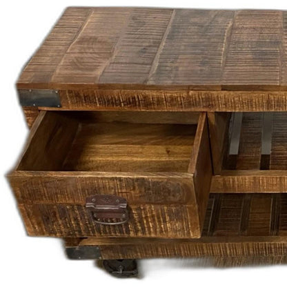 18" Brown and Black Solid Wood Distressed Wheel Console Table With Shelves And Drawers