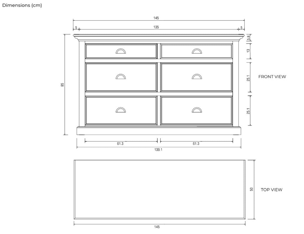 57" White Solid Wood Six Drawer Sideboard