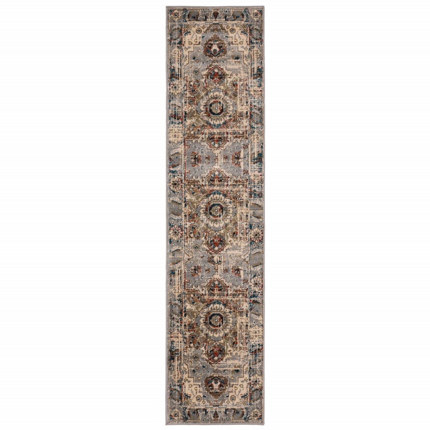 2' X 8' Gray And Rust Distressed Medallion Runner Rug