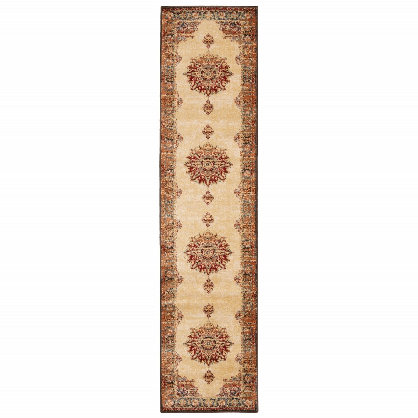 2' X 8' Gold And Orage Floral Medallionrunner Rug