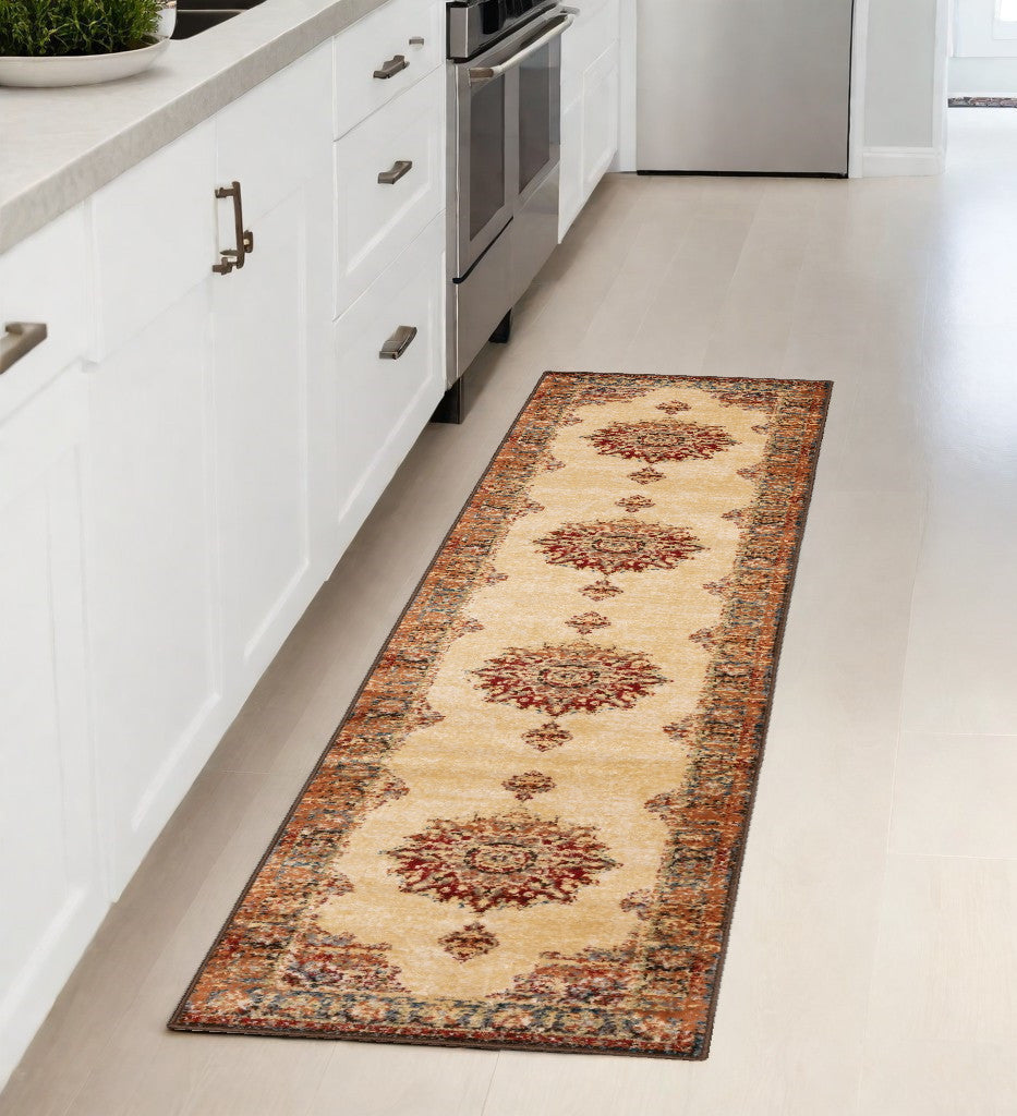 2' X 8' Gold And Orage Floral Medallionrunner Rug