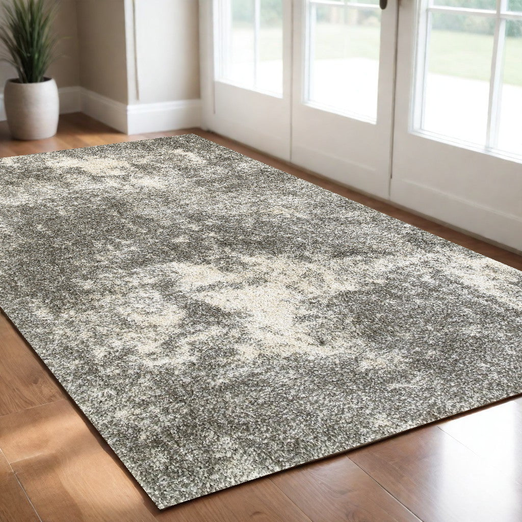 8' Round Gray And Ivory Distressed Abstract Area Rug