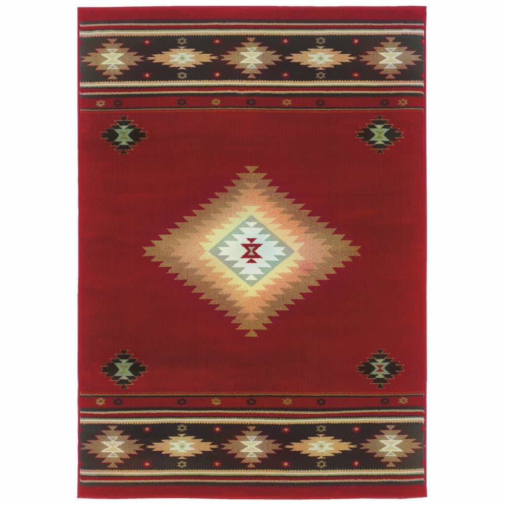 7' X 10' Red And Beige Ikat Pattern Area Rug