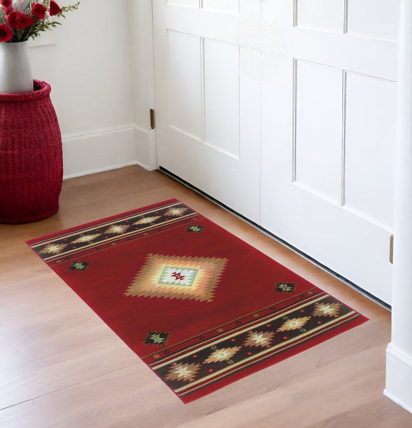 7' X 10' Red And Beige Ikat Pattern Area Rug