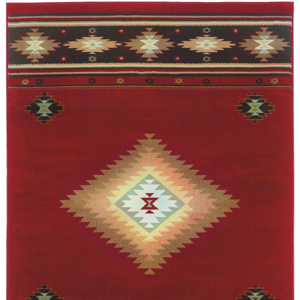 7' X 10' Red And Beige Ikat Pattern Area Rug