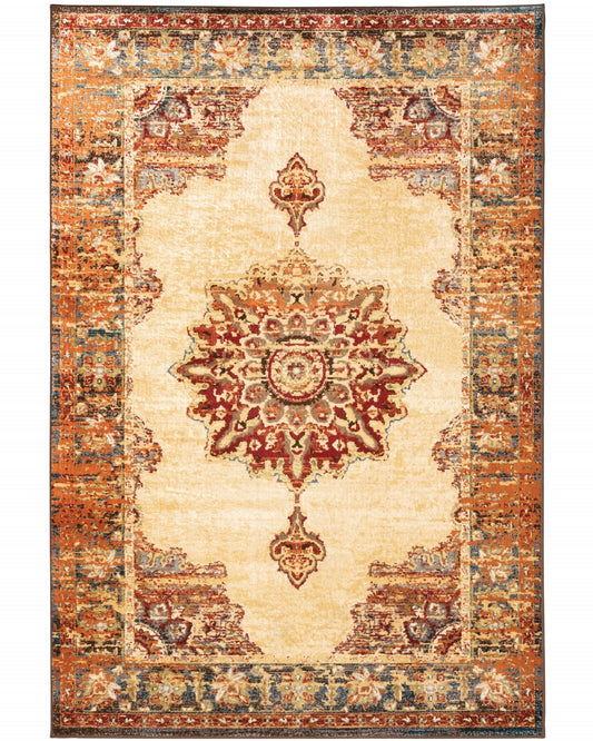 5' X 7' Gold And Orage Floral Medallionarea Rug