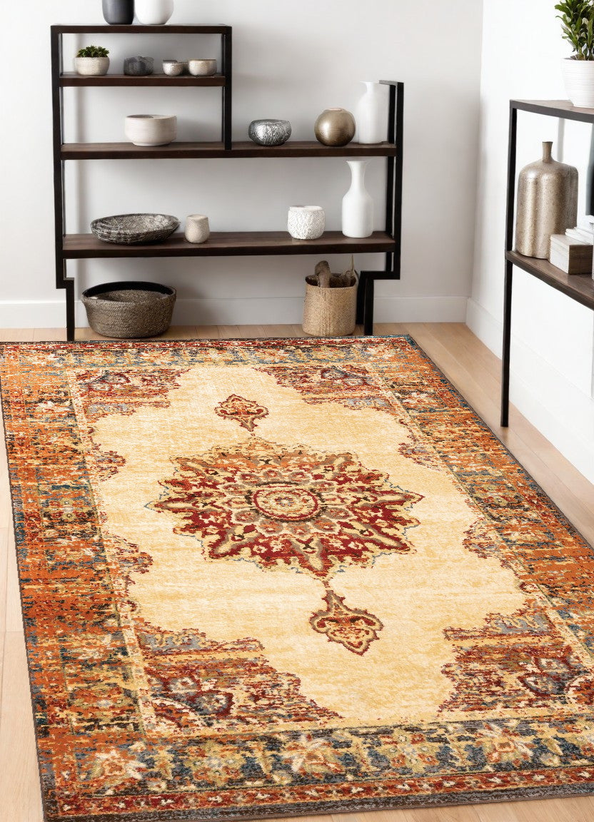 2' X 8' Gold And Orage Floral Medallionrunner Rug