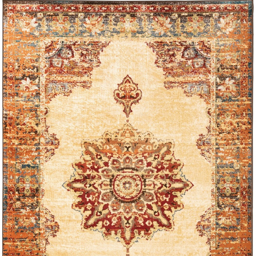 2' X 8' Gold And Orage Floral Medallionrunner Rug