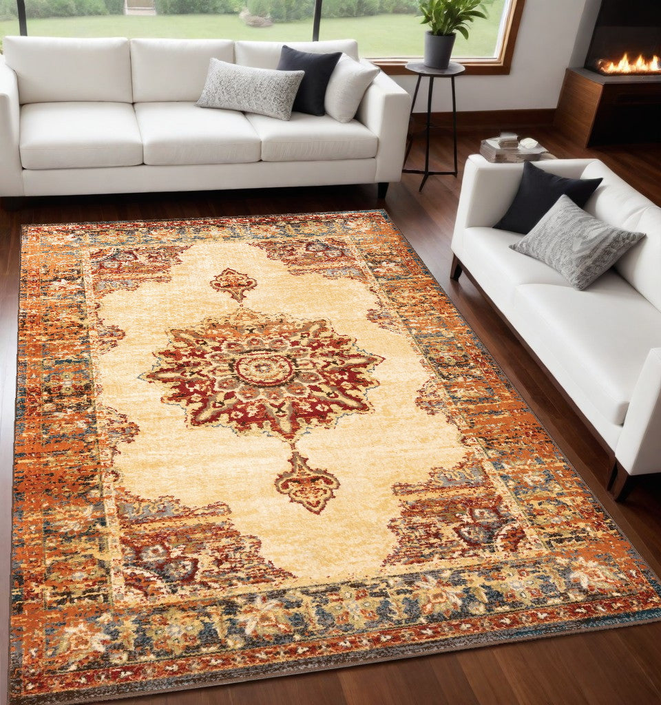 2' X 8' Gold And Orage Floral Medallionrunner Rug