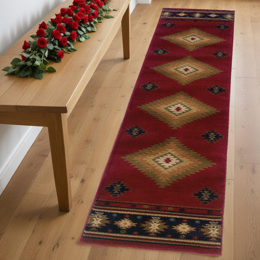 2' X 8' Red And Beige Ikat Pattern Runner Rug