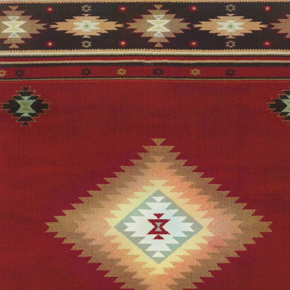 8’ Round Red And Beige Ikat Pattern Area Rug