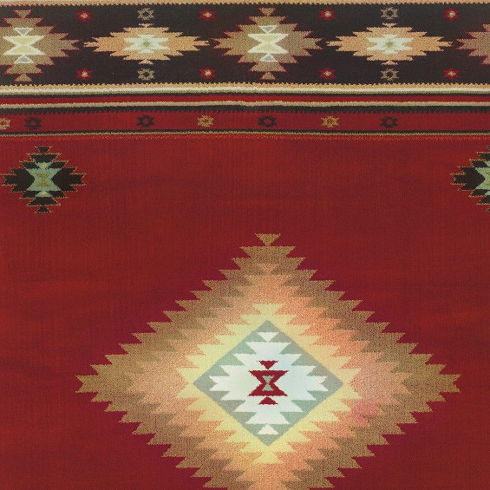 7' X 10' Red And Beige Ikat Pattern Area Rug