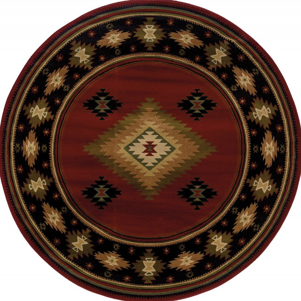 8’ Round Red And Beige Ikat Pattern Area Rug