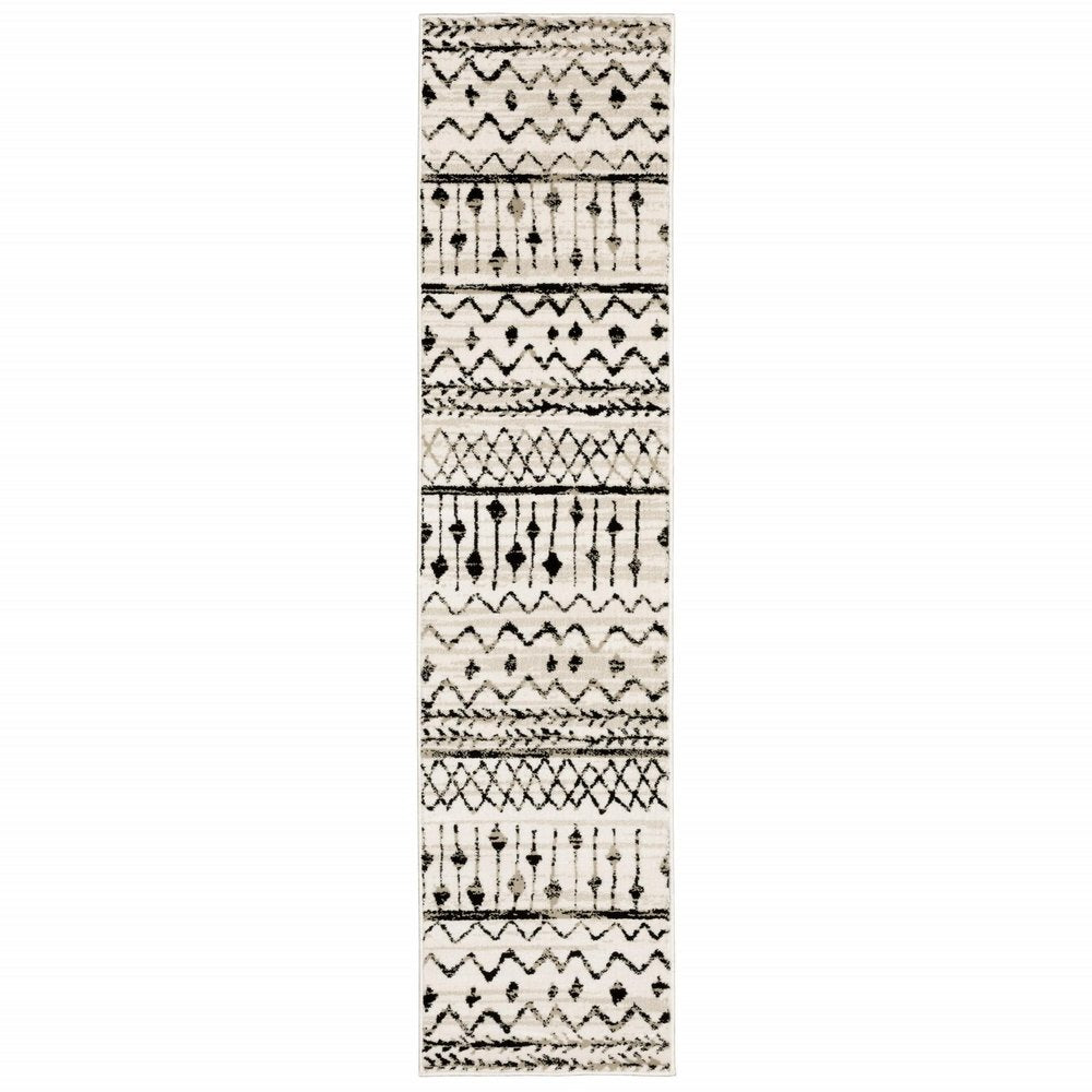 8' Ivory And Black Tribal Runner Rug