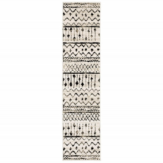 8' Ivory And Black Tribal Runner Rug