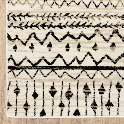 8' Ivory And Black Tribal Runner Rug
