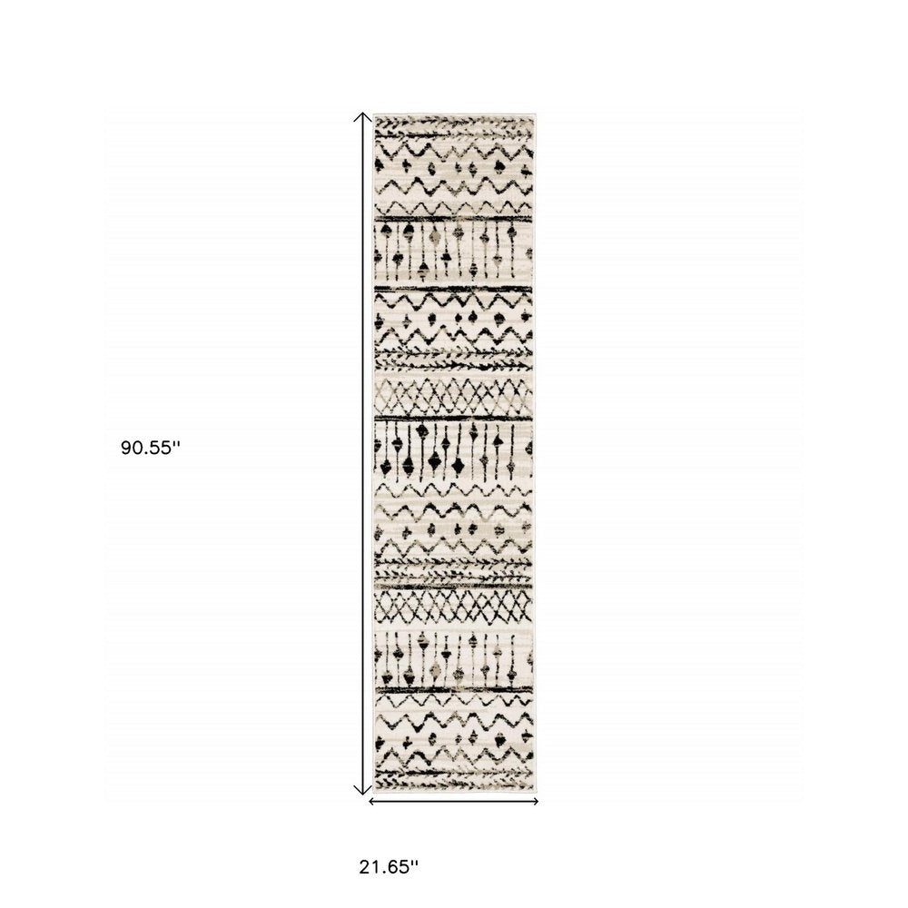 8' Ivory And Black Tribal Runner Rug