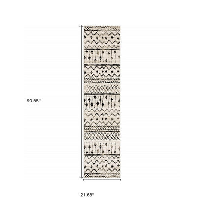 8' Ivory And Black Tribal Runner Rug