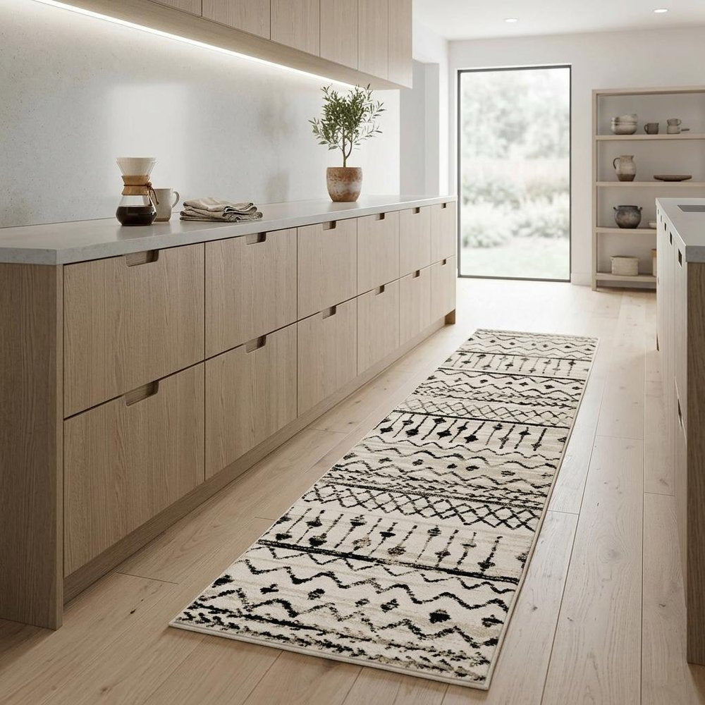 8' Ivory And Black Tribal Runner Rug