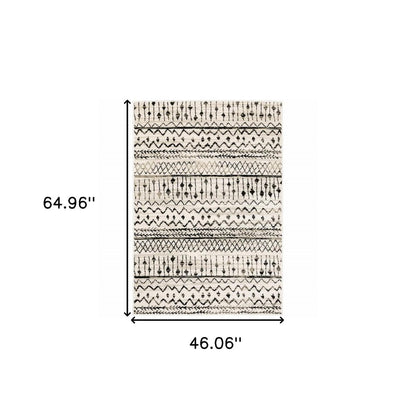8' Ivory And Black Tribal Runner Rug
