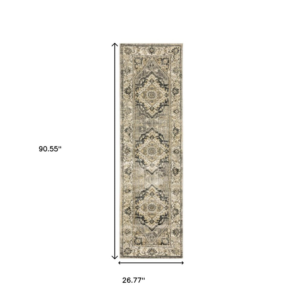 2' X 8' Beige And Gray Traditional Medallion Indoor Runner Rug