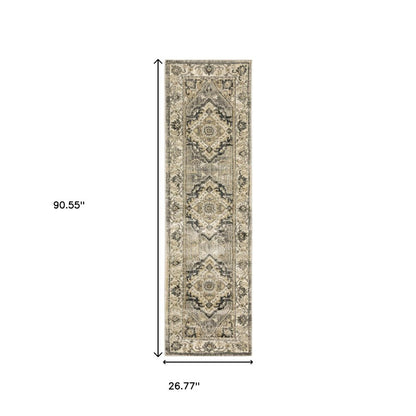 2' X 8' Beige And Gray Traditional Medallion Indoor Runner Rug