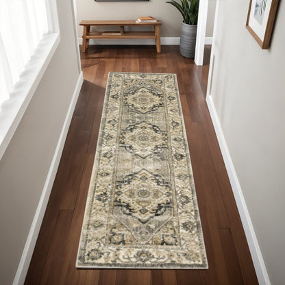 10' X 13' Beige And Gray Medallion Distressed Area Rug