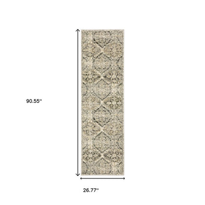 2' X 8' Ivory And Gray Floral Trellis Indoor Runner Rug