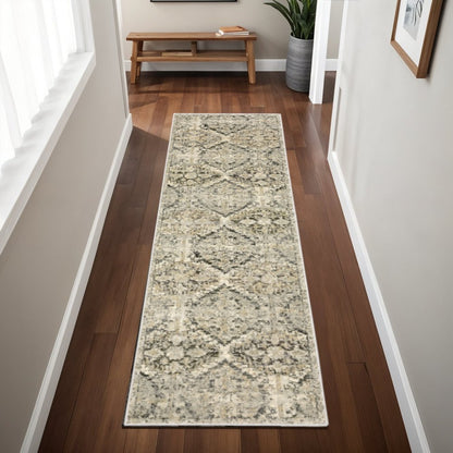 5' X 8' Ivory And Gray Trellis Distressed Area Rug