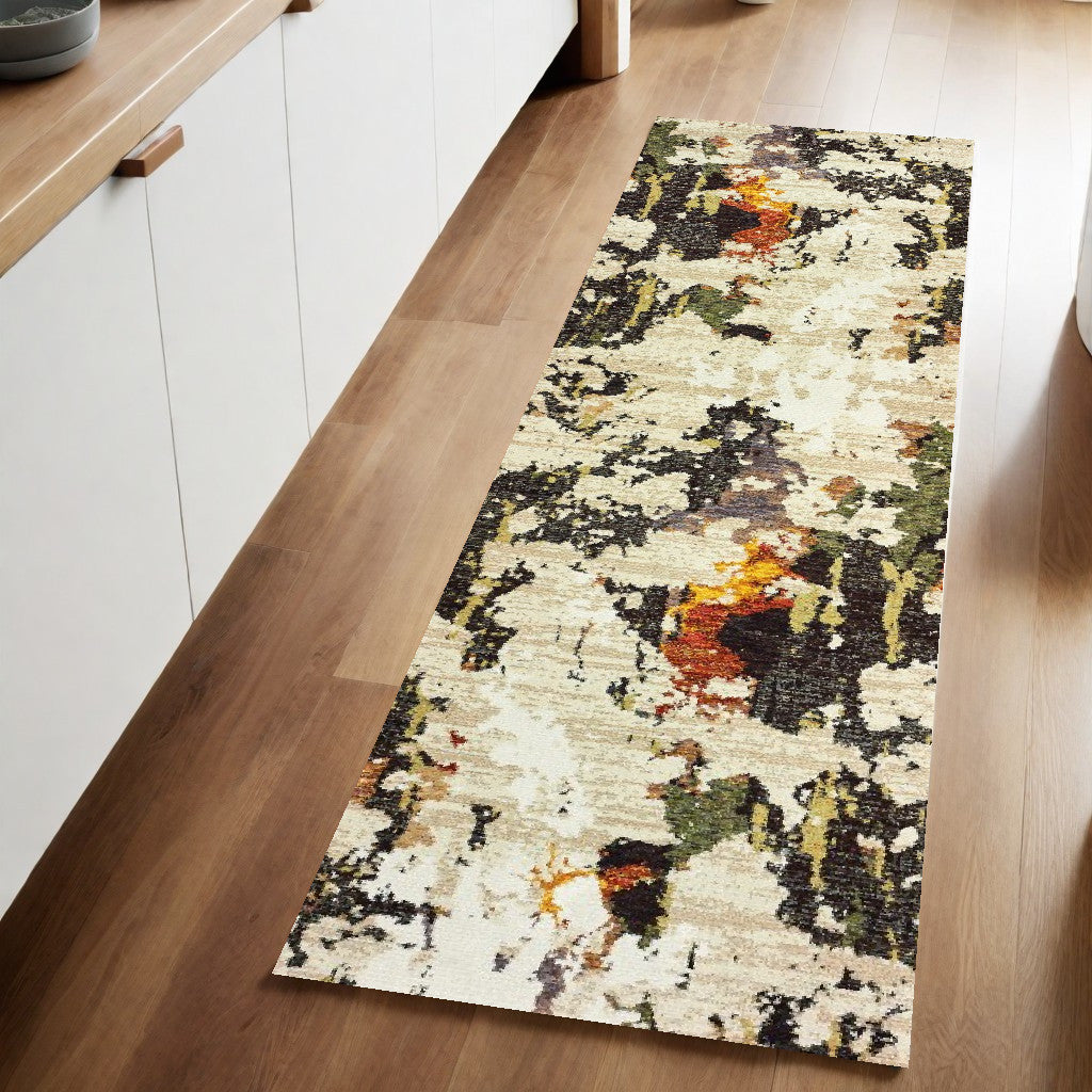 8' Runner Beige and Black Power Loom Runner Rug