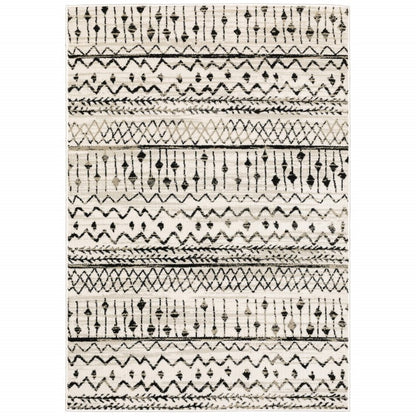 8' Ivory And Black Tribal Runner Rug