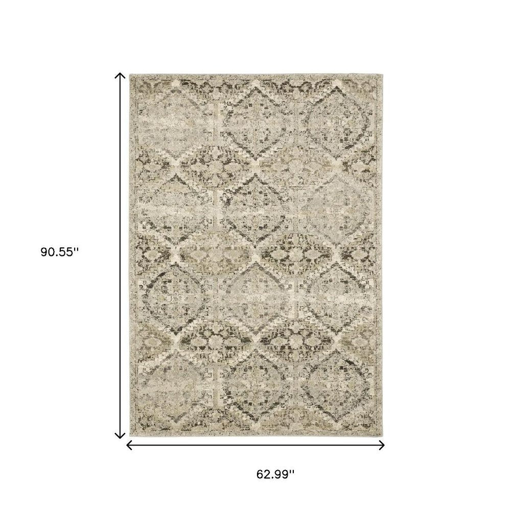 5' X 8' Ivory And Gray Trellis Distressed Area Rug