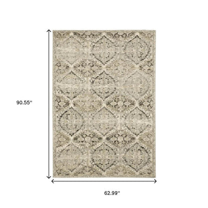 5' X 8' Ivory And Gray Trellis Distressed Area Rug