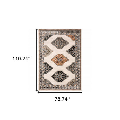 4' X 6' Ivory Black Orange And Gray Geometric Area Rug