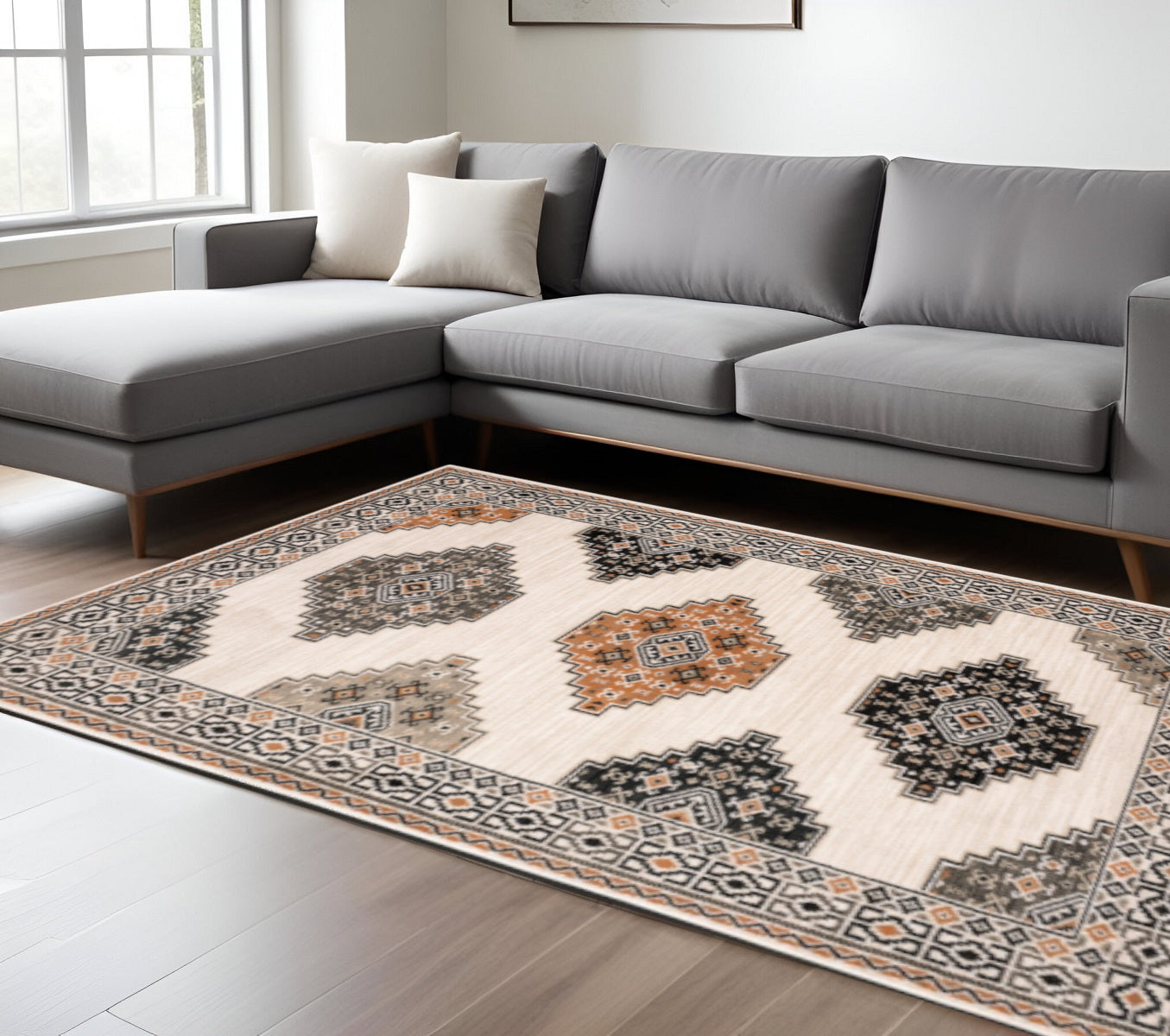 4' X 6' Ivory Black Orange And Gray Geometric Area Rug