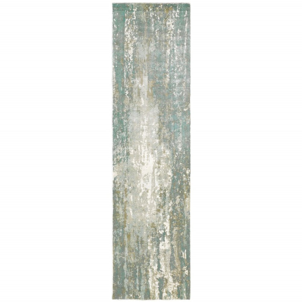 10' X 14' Blue And Gray Abstract Hand Loomed Distressed Area Rug