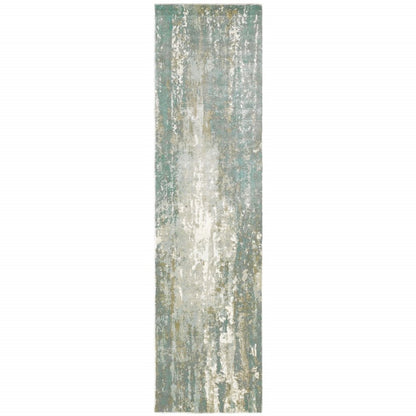 10' X 14' Blue And Gray Abstract Hand Loomed Distressed Area Rug