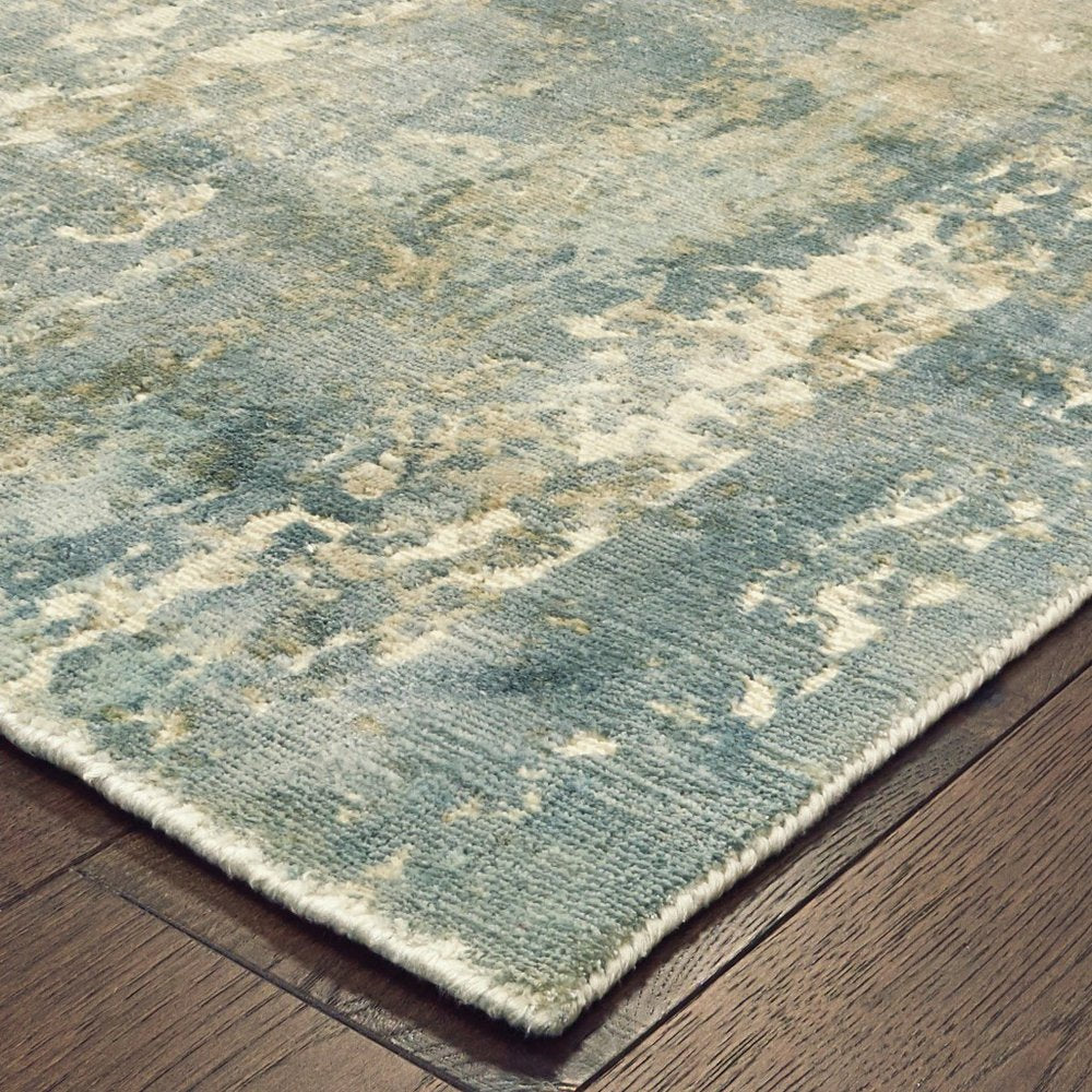 10' X 14' Blue And Gray Abstract Hand Loomed Distressed Area Rug