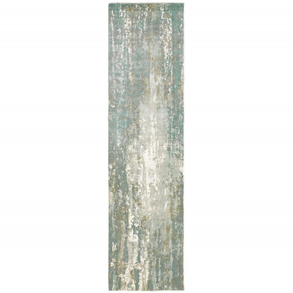 3' X 10' Blue And Gray Abstract Splash Indoor Runner Rug
