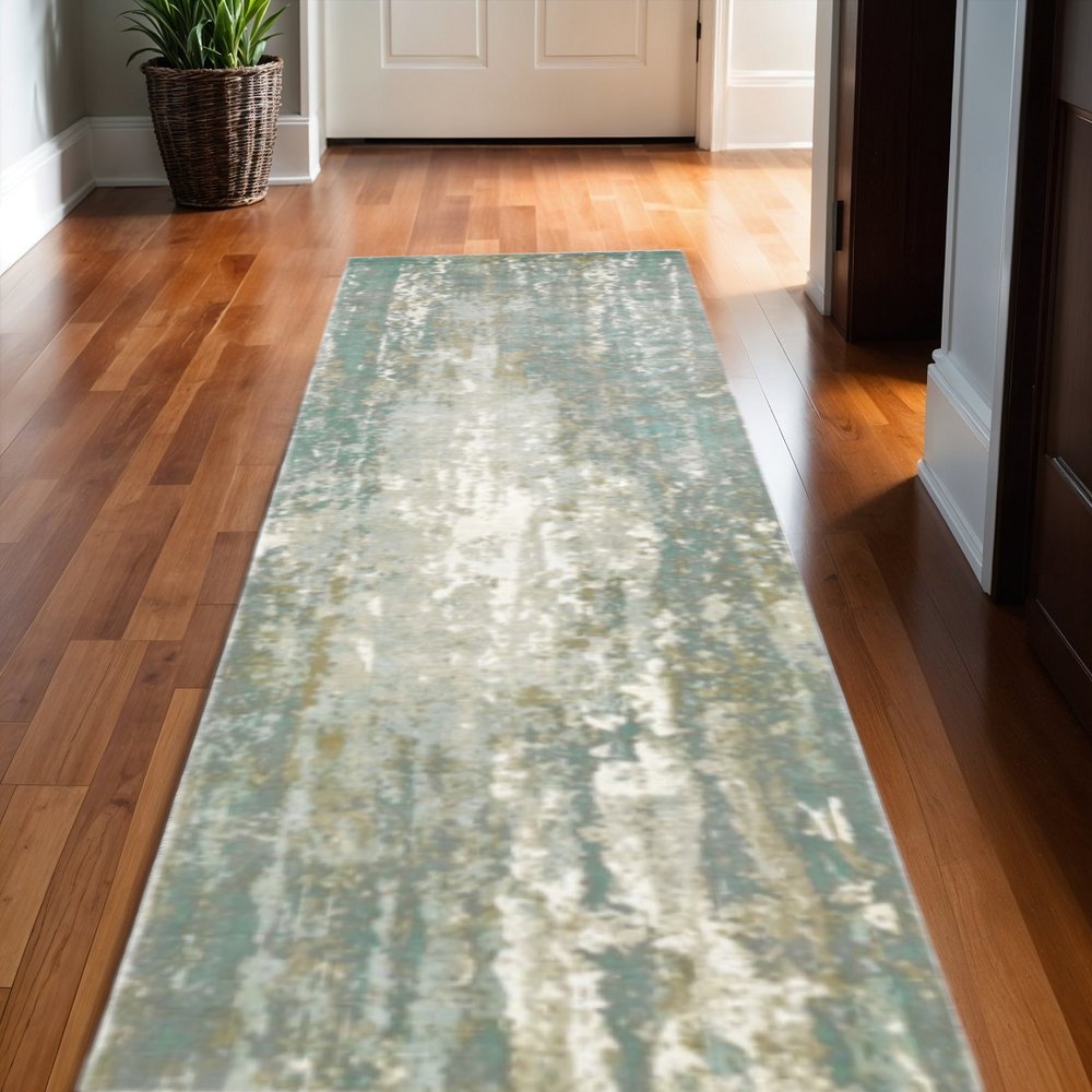 10' X 14' Blue And Gray Abstract Hand Loomed Distressed Area Rug