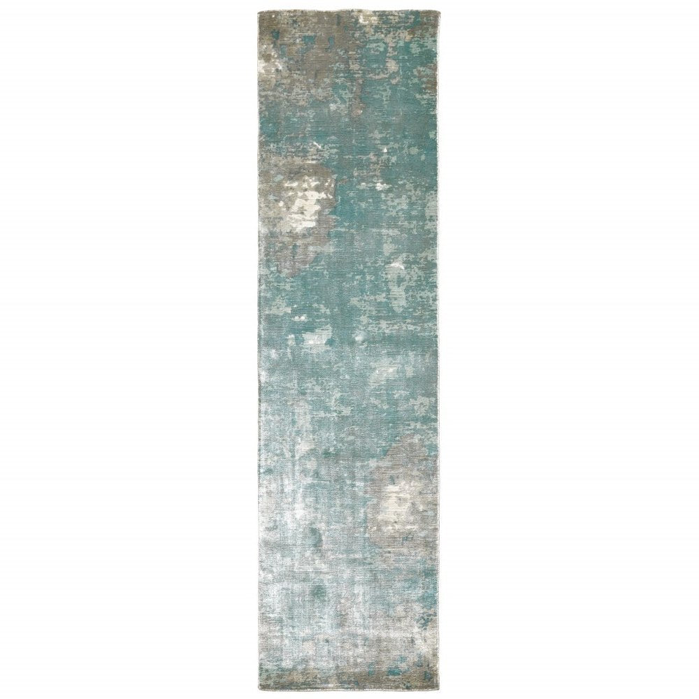 9' X 12' Blue And Gray Abstract Hand Loomed Distressed Area Rug
