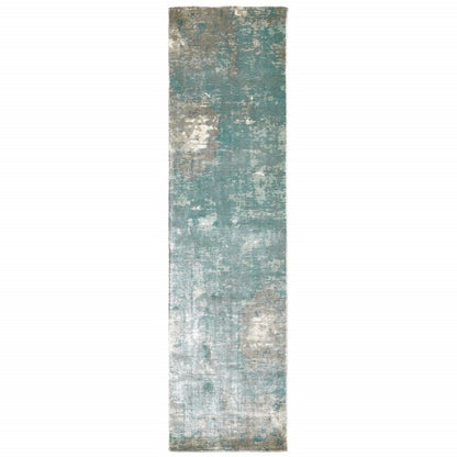 8' X 10' Blue And Gray Abstract Hand Loomed Distressed Area Rug