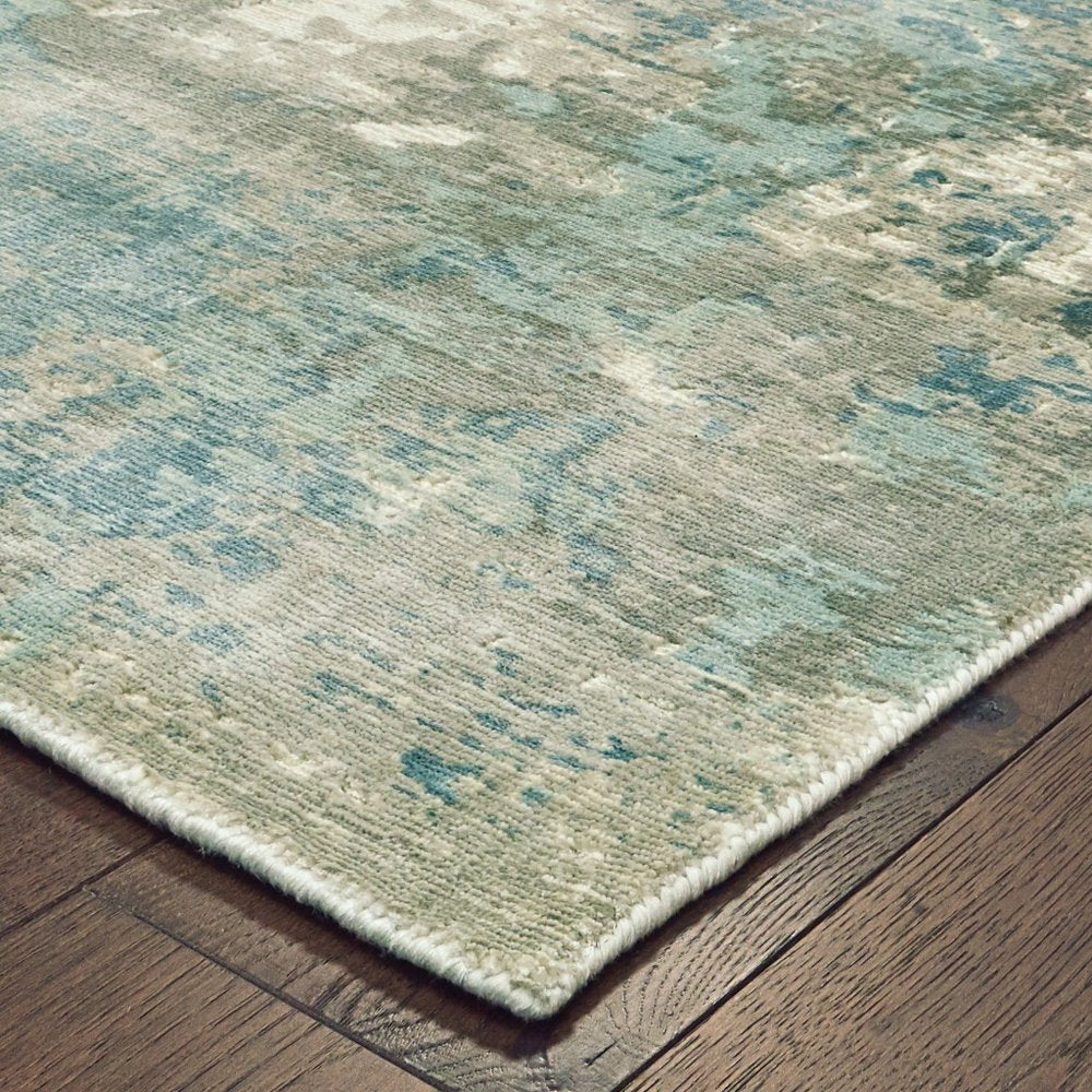 9' X 12' Blue And Gray Abstract Hand Loomed Distressed Area Rug