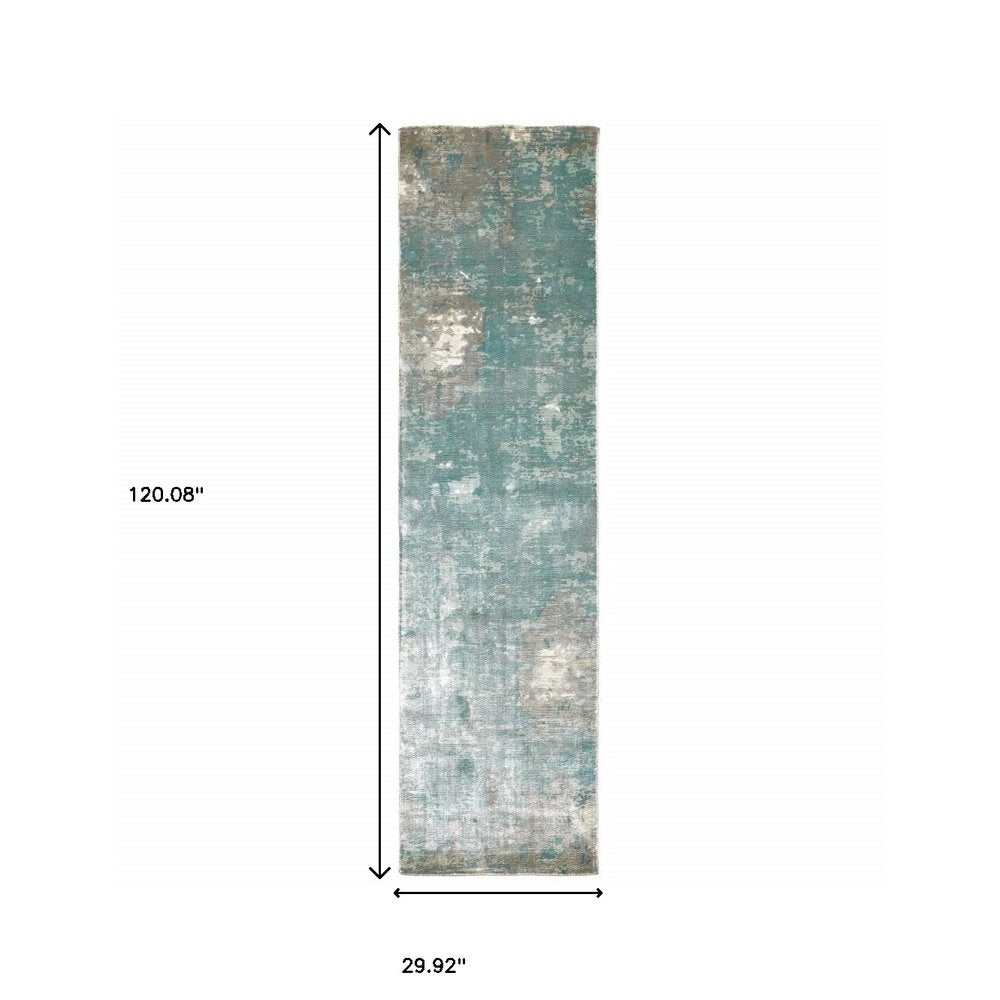 8' X 10' Blue And Gray Abstract Hand Loomed Distressed Area Rug